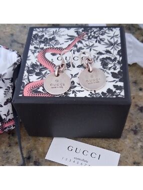 Gucci Rose Gold Logo Disc Drop Earrings
